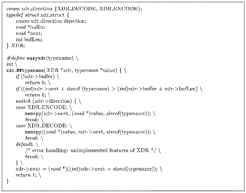 \begin{figure*}
\footnotesize\vspace*{0.05in}
{\it enum} xdr\_direction \{XDR\_D...
...backslash$\ \\
\> \> {\it return} 1; $\backslash$\ \\
\} \\
\par\end{figure*}