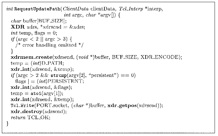 \begin{figure*}
\footnotesize\vspace*{0.05in}
{\it int} {\tt RequestUpdatePath}(...
...dr\_destroy}(xdrsend); \\
\> {\it return} TCL\_OK; \\
\} \\
\par\end{figure*}